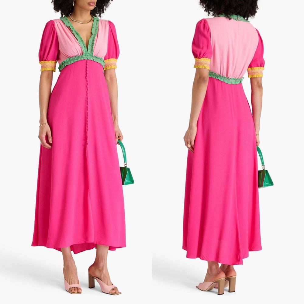 Saloni Lea Colorblock Crepe Maxi Dress Pink Green Size 4 US - Picture 8 of 13